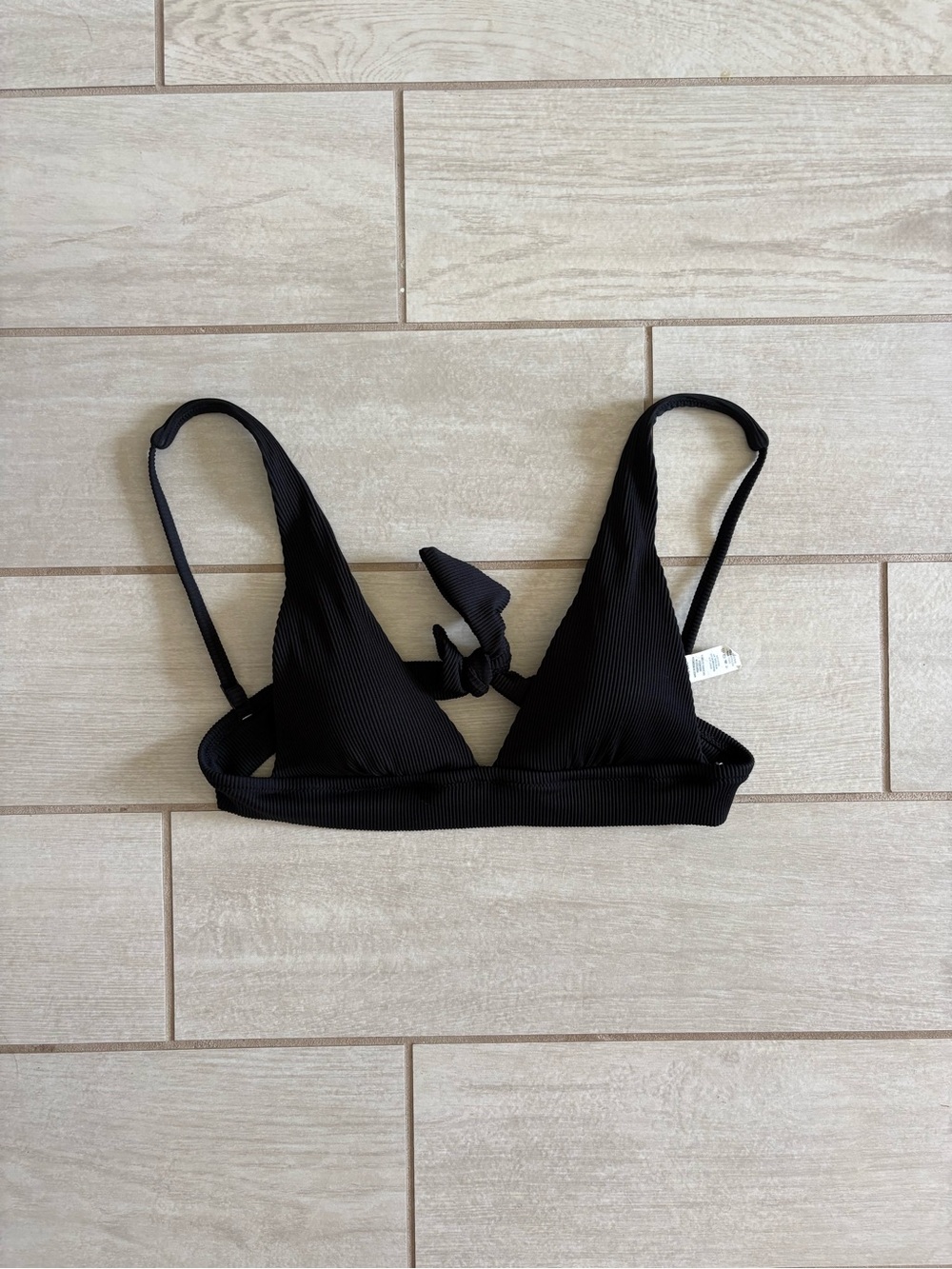 aerie Black Ribbed Longline Triangle Bikini Top with Back Tie